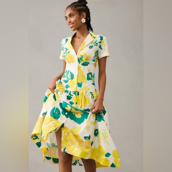 NWT Anthropologie Plenty Tracy Reese Flounce Floral Shirt Dress Drop Waist - Picture 2 of 5